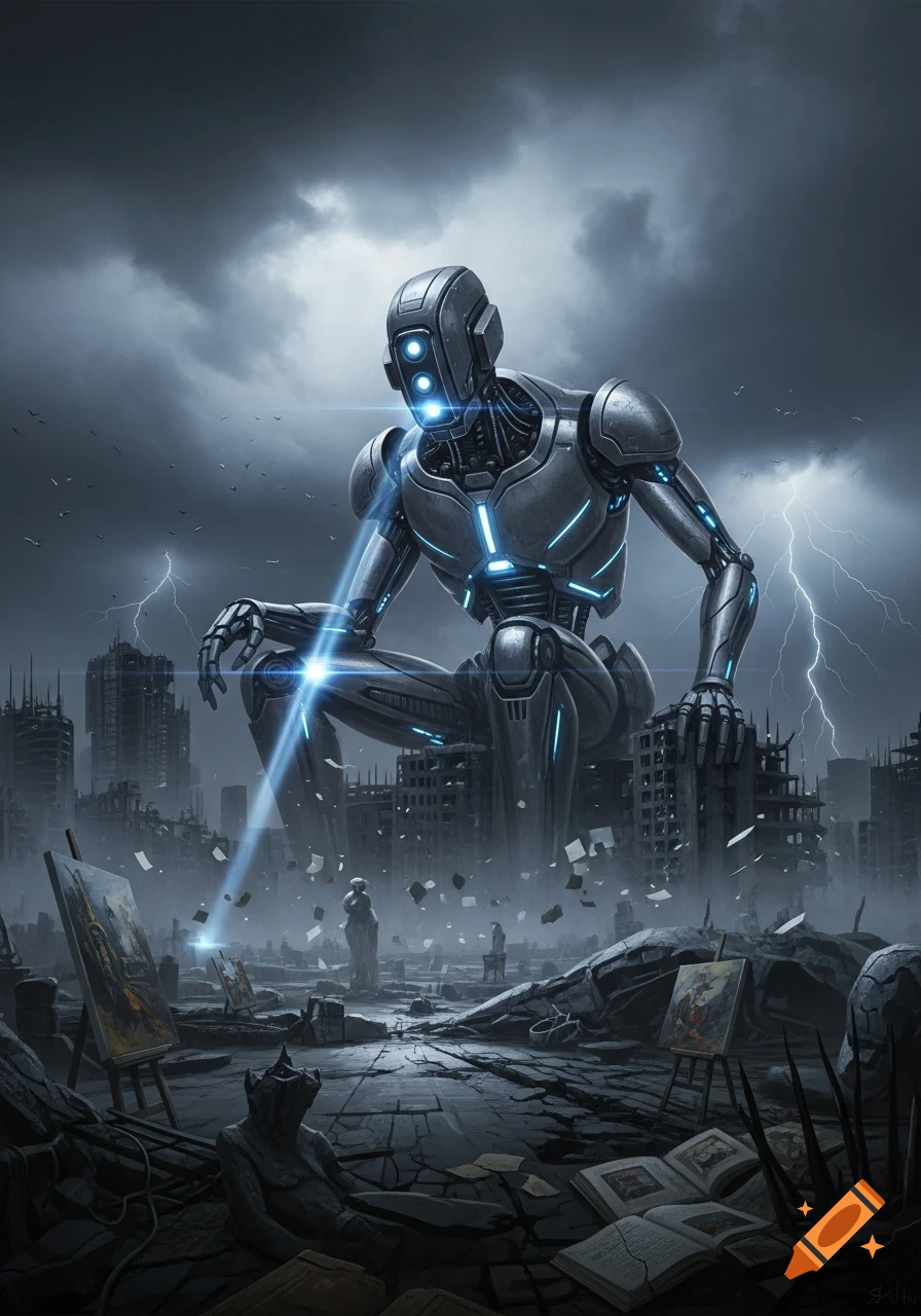 Giant metallic robot with glowing blue lights squats over a ruined city under a stormy, lightning-filled sky, surrounded by debris and discarded art.