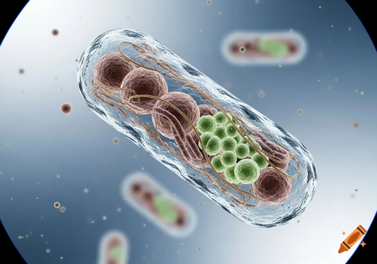 A detailed 3D microscopic rendering of a single E. coli bacterium, showing internal structures like spheres and strands, with blurred bacteria in the background.