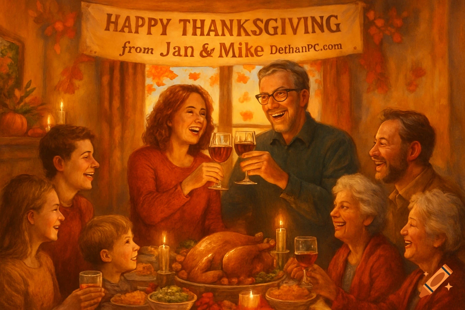 A family gathers for a festive Thanksgiving dinner, smiling and toasting with wine around a table laden with turkey and candles, beneath a 'Happy Thanksgiving' banner.