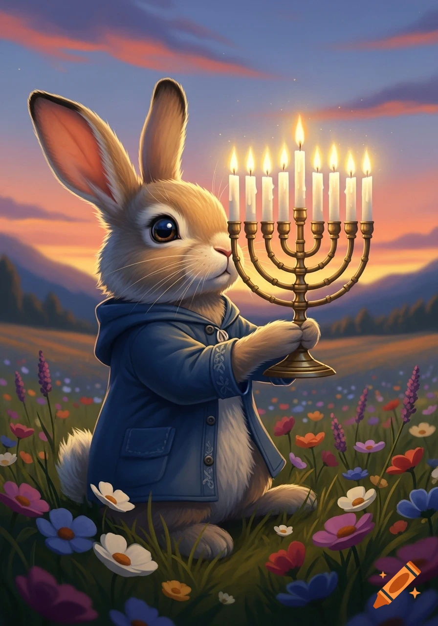 An illustrated fluffy bunny in a blue coat holds a lit golden menorah in a colorful wildflower field at sunset.