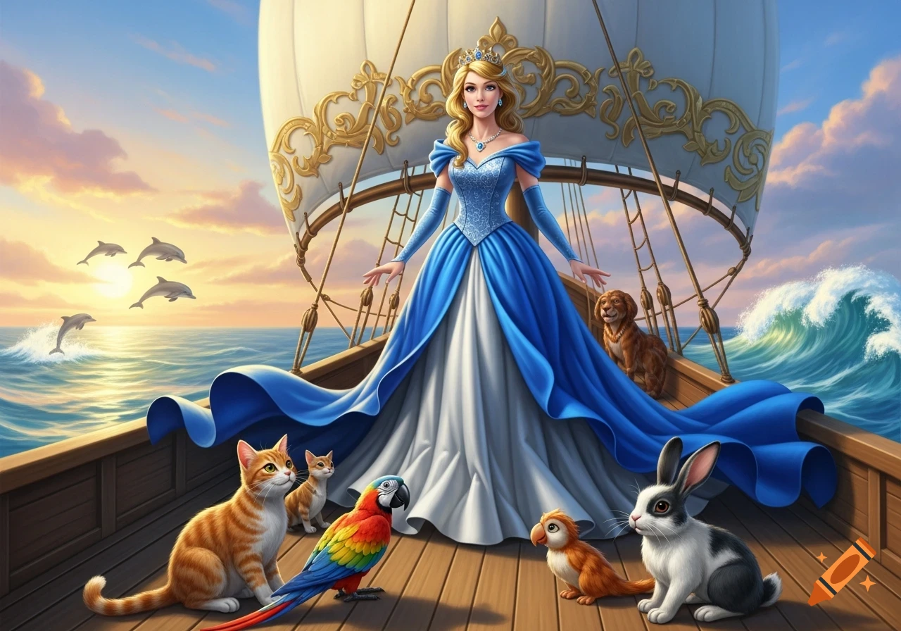 An illustrated princess in a blue dress stands on a ship with her animals (cats, dog, parrot, rabbit) at sea during sunrise, with dolphins jumping.