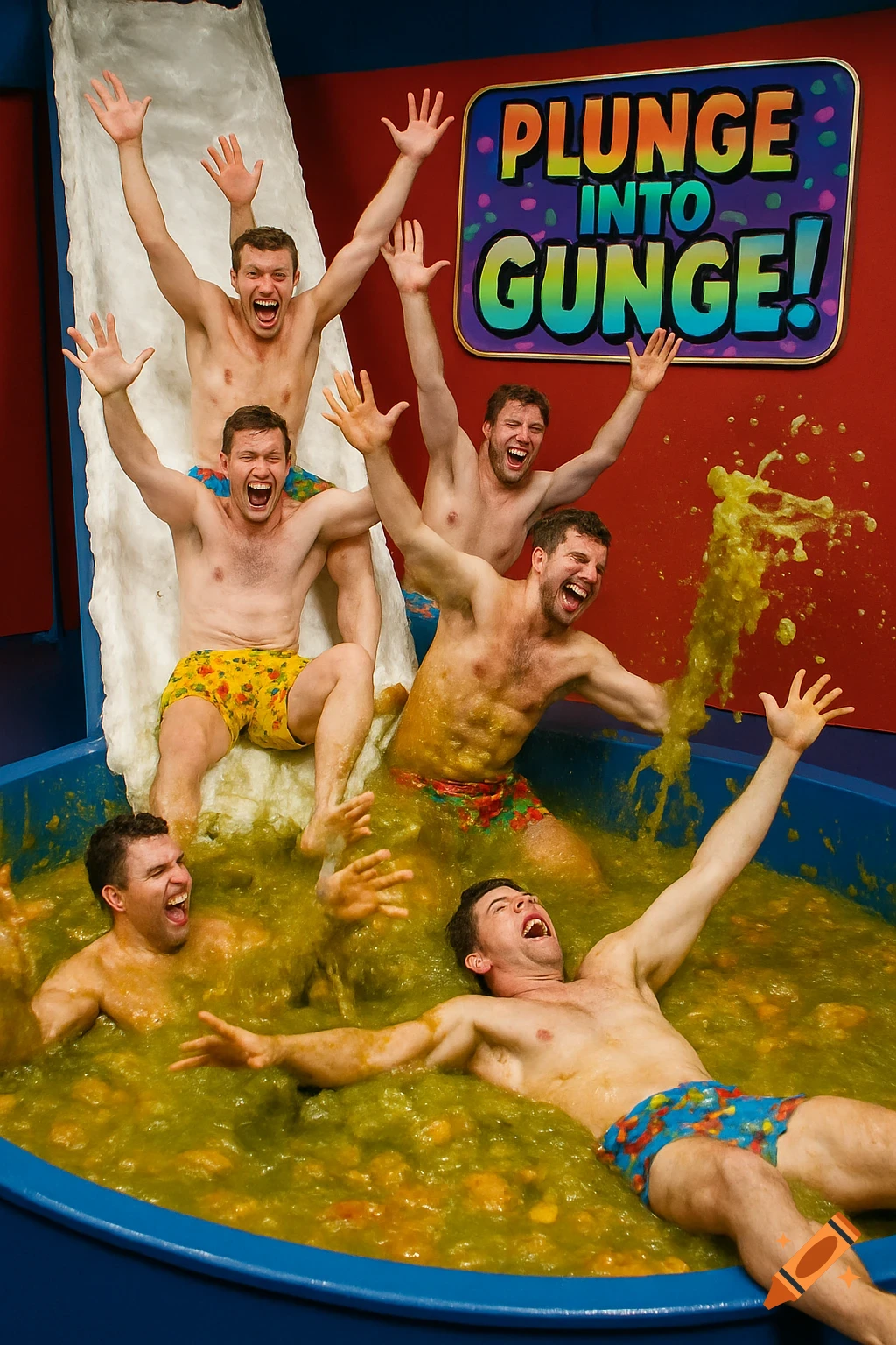 Men laugh and splash in a vat of green slime on a game show set, one sliding down a white chute. A 'PLUNGE INTO GUNGE!' sign is visible.