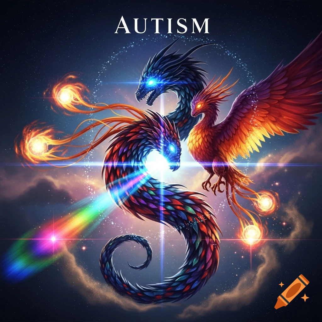 A vibrant fantasy artwork of a colorful dragon and fiery phoenix in a starry cosmic sky, with 'AUTISM' at the top.