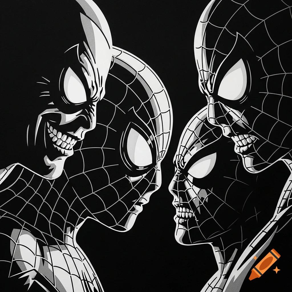 A black and white stencil silhouette close-up of Spider-Man and his villains facing each other.