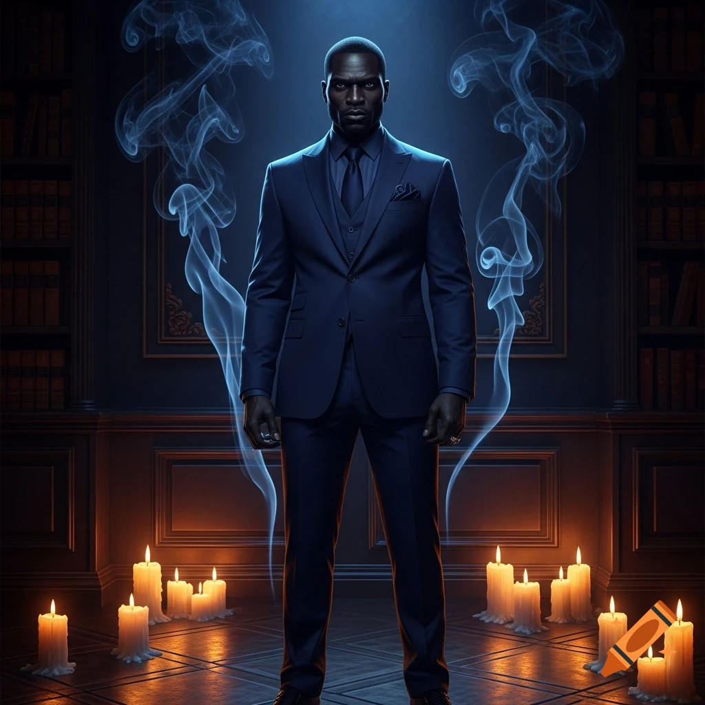 A dark-skinned man in a dark blue suit stands amidst swirling smoke and many lit candles in a dimly lit, wood-paneled room.