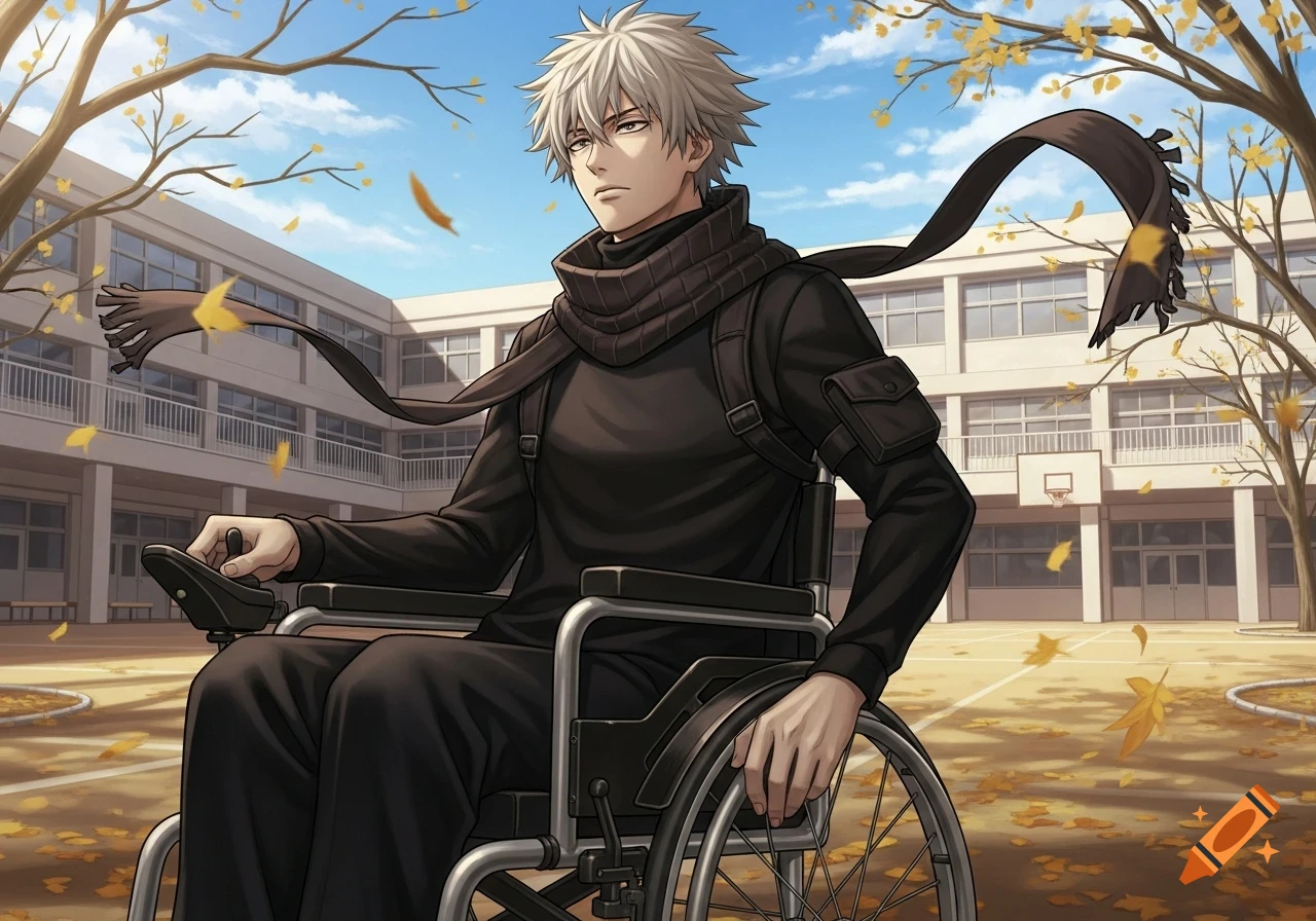 Anime man with white hair and black outfit in a wheelchair in an autumn schoolyard.