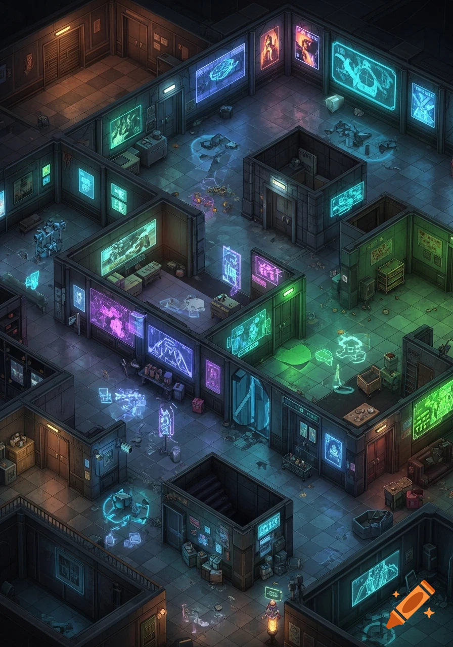 Top-down isometric cyberpunk RPG battle map of hotel corridors with various rooms, debris, and glowing neon screens.