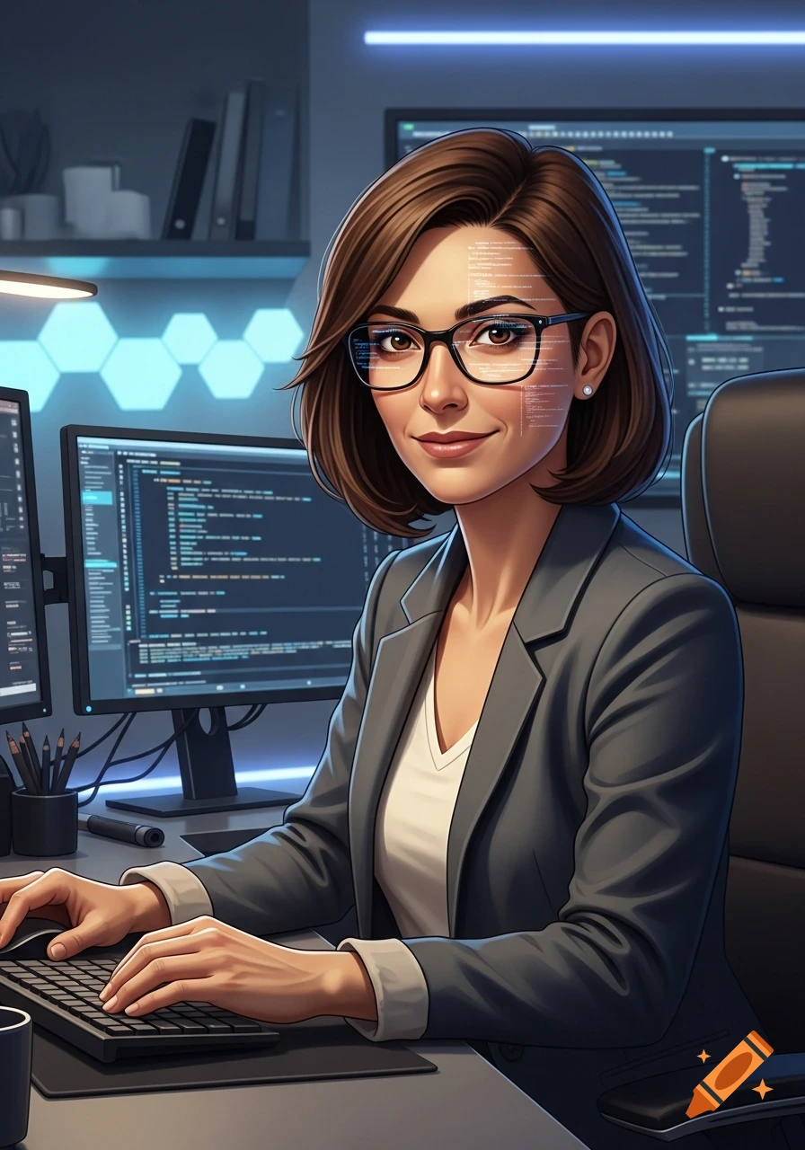 Stylized illustration of a smiling woman with glasses, typing at a computer desk with multiple screens displaying code in an IT office.