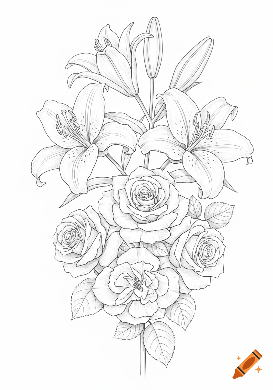 Detailed black and white line art drawing of a bouquet with lilies and roses on a white background.
