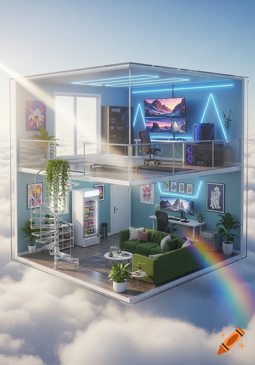 A two-story glass house with modern interiors, a gaming room, and a spiral staircase, floating on clouds with a rainbow.