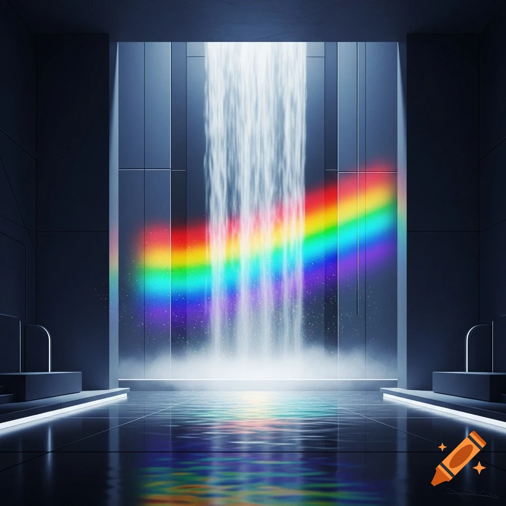 A dark, futuristic liminal room features a rainbow-lit waterfall flowing down a large central wall onto a reflective floor.