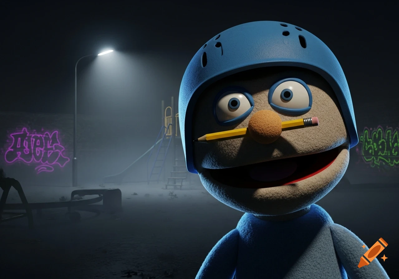 A creepy puppet wearing a blue helmet with a pencil through its nose, standing in a dark, foggy playground at night with graffiti on the walls.