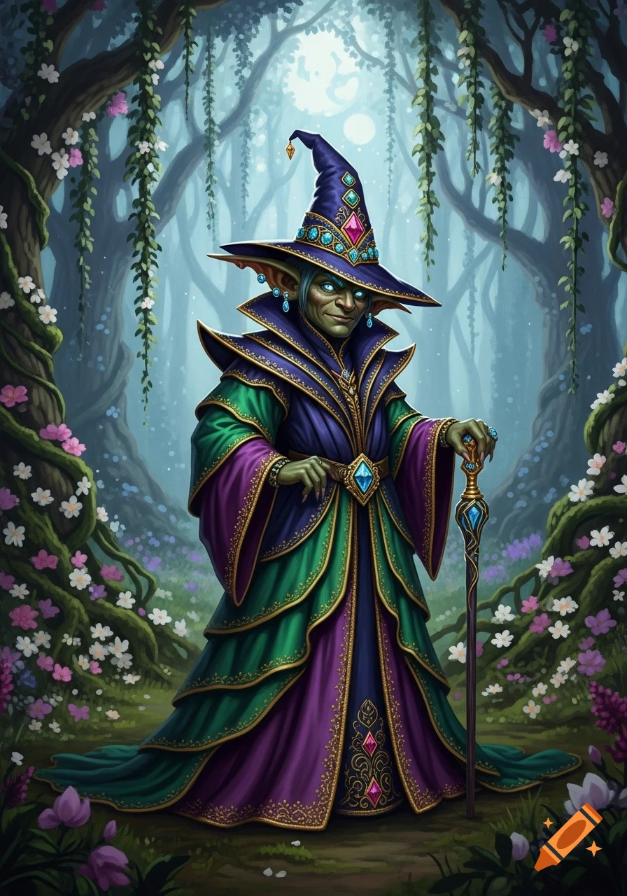 A fantasy illustration of a green-skinned goblin wizard in elaborate purple and green robes, holding a staff, in an enchanted forest.