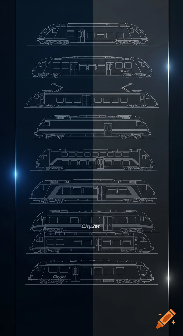 White outline drawings of various Austrian train models, including '4020' and 'CityJet', on a dark blue background.