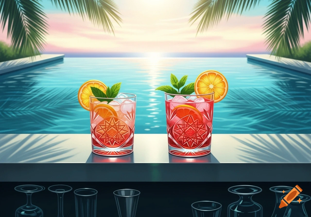 Two vibrant cocktails with orange slices and mint sit on a bar by a blue pool at sunset, framed by palm trees, in a stylized illustration.