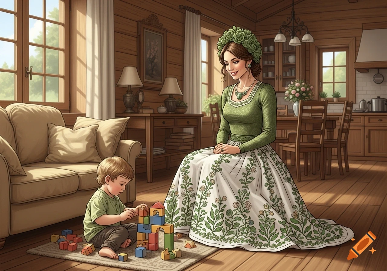 Illustrated mother in green and white dress smiling at her child playing with colorful blocks in a rustic living room.