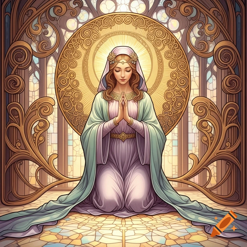 Art Nouveau depiction of a female saint kneeling in prayer, surrounded by ornate stained glass and a golden halo.