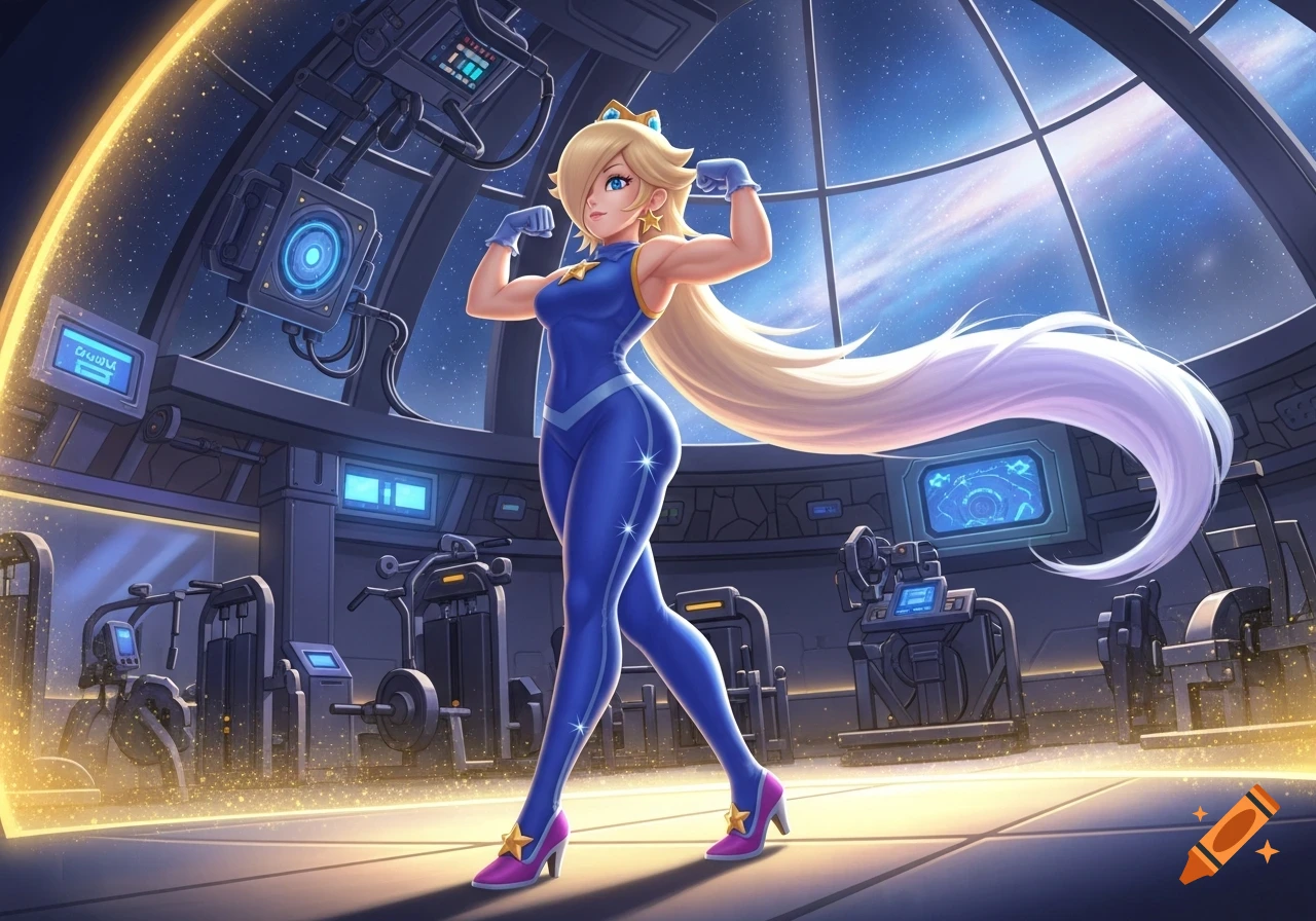 Rosalina from Nintendo flexes her muscles in a vibrant sci-fi gym setting, featuring a starry space window.