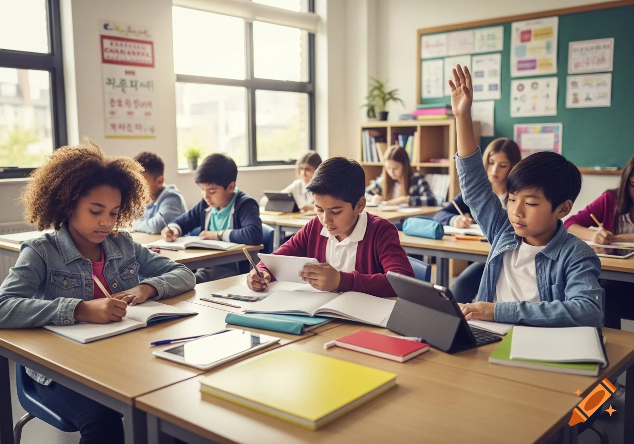 Multicultural middle school students diligently writing and working with tablets in a bright classroom.