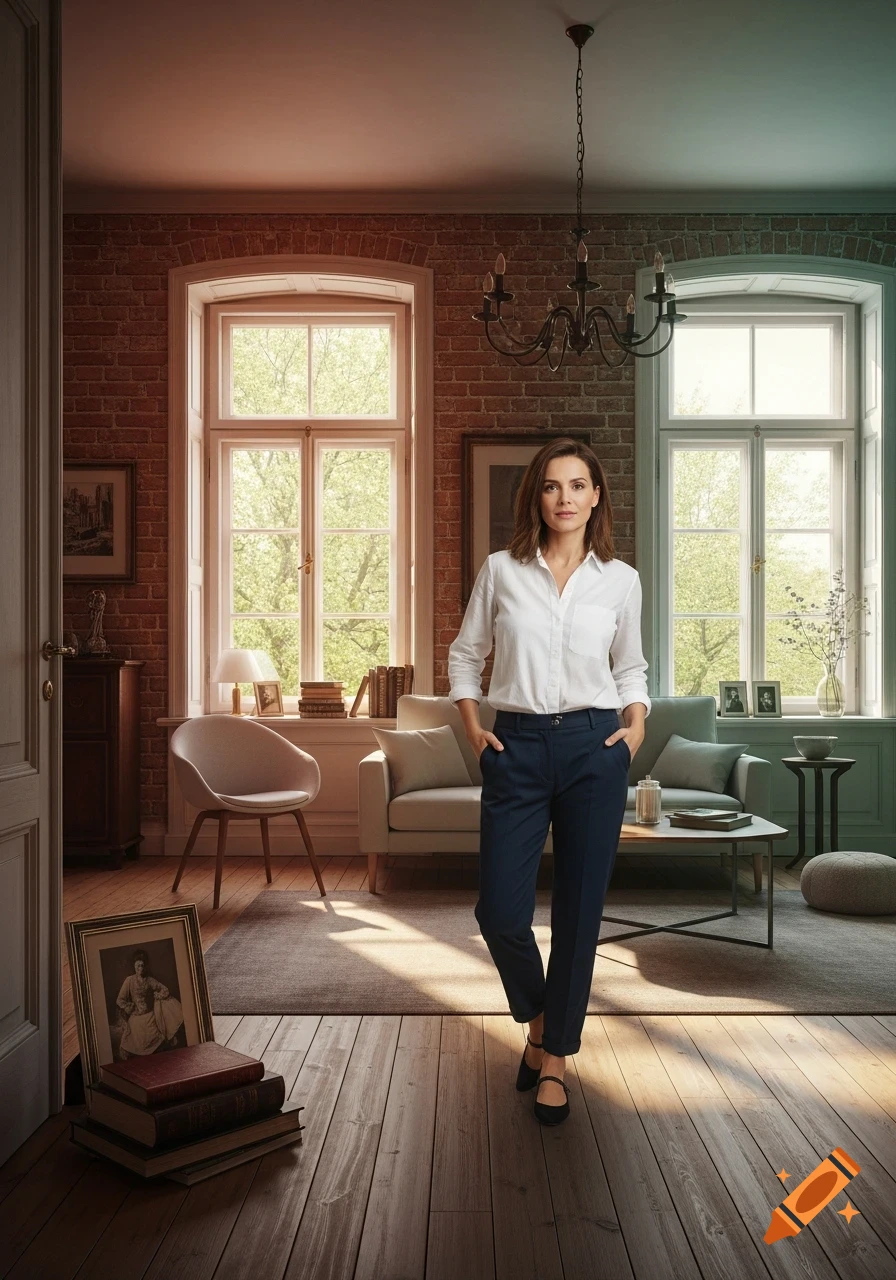 A woman in a white shirt and navy pants stands in a bright, photorealistic living room with brick walls, large windows, and classic furniture.