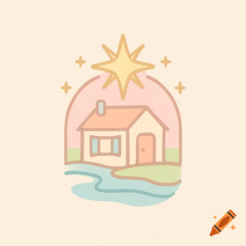 A pastel-colored logo illustration featuring a small house, a flowing river, and a large golden star shining above, with smaller stars around it.