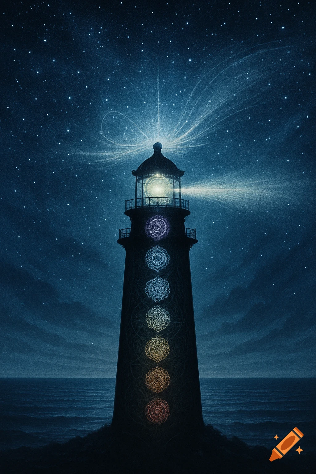 A dark lighthouse stands tall against a starry night sky, emitting a brilliant, mystical light. Seven colorful chakra symbols are vertically aligned on its dark facade, glowing softly above a calm ocean.