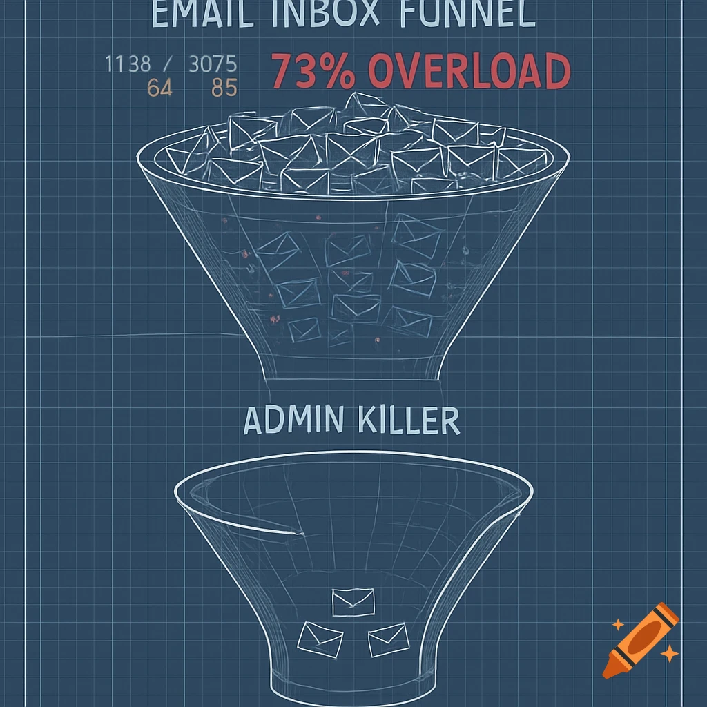 A blueprint diagram illustrating an email inbox funnel with a pile of emails causing 73% overload, and a clear funnel below labeled "Admin Killer" with fewer emails.
