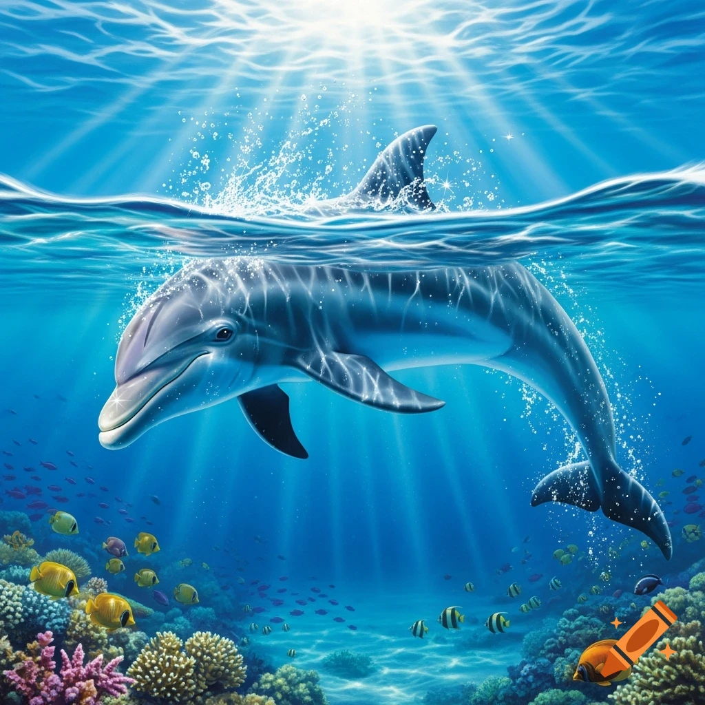 A vibrant illustration of a dolphin swimming in clear blue ocean water, with sun rays, above a colorful coral reef and tropical fish.