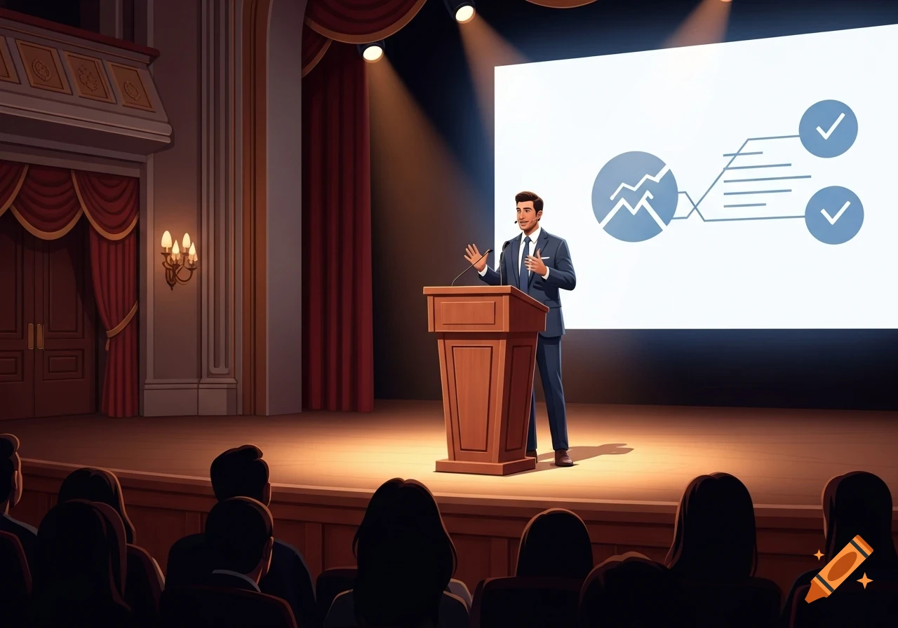 A man in a suit gives a presentation from a wooden lectern on a stage, facing an audience. A screen displays charts.