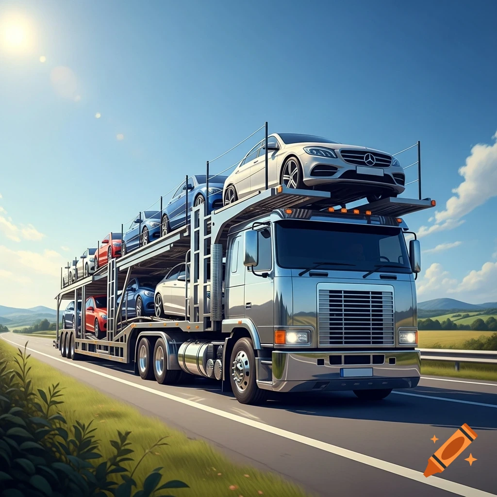 Photorealistic image of a chrome car transporter truck carrying multiple cars on a highway under a clear blue sky.
