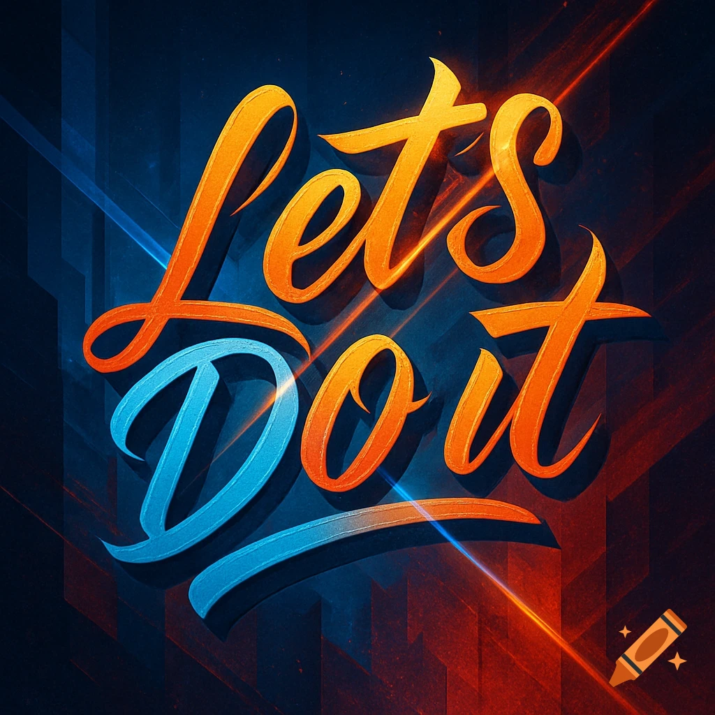 Stylized 3D lettering that reads "Let's Do It" in vibrant orange and blue, with a textured background and glowing light streaks.