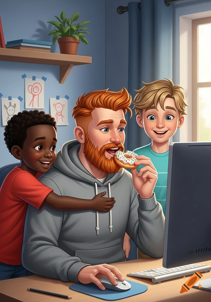 A cartoon dad with a beard eats a donut while using a computer, with two smiling boys, one hugging him and the other standing beside him.