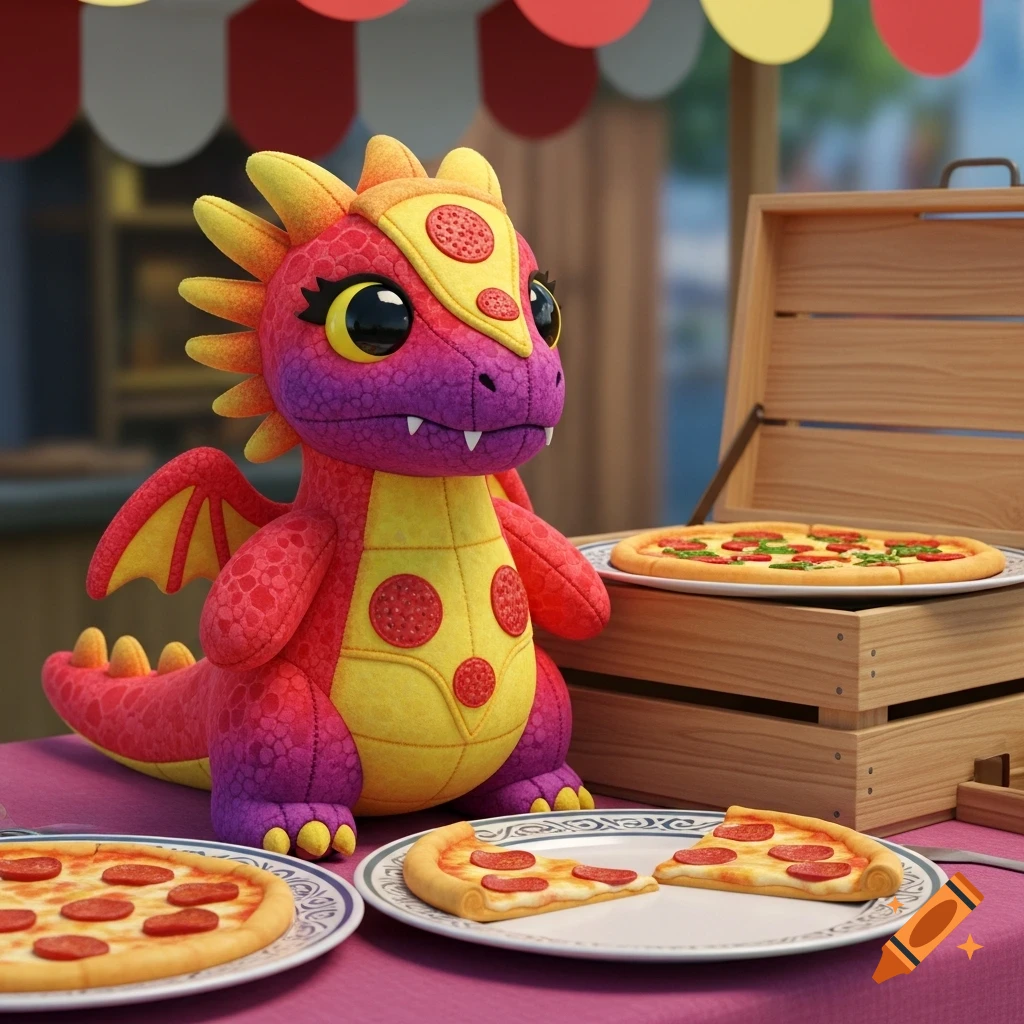 A cute red, magenta, and yellow dragon plushie with pizza patterns stands among plates of pizza at a market stall.