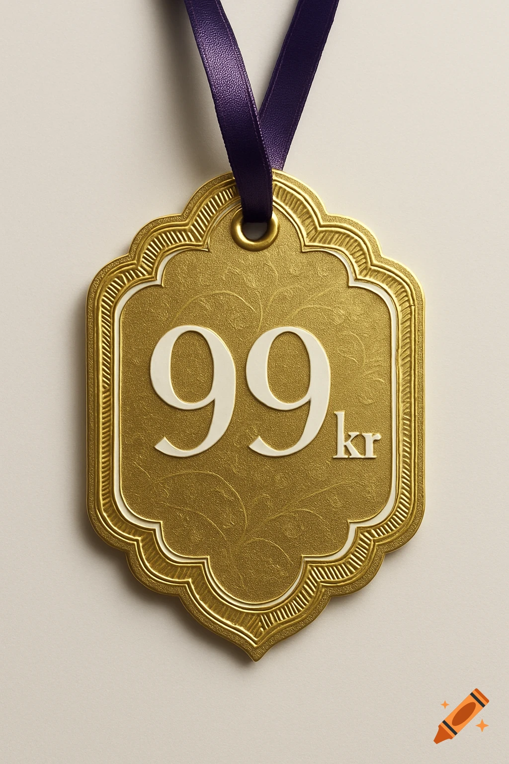 A close-up, photorealistic image of a stylish gold price tag with an ornate border and floral pattern, featuring '99 kr' in white text and a purple ribbon.
