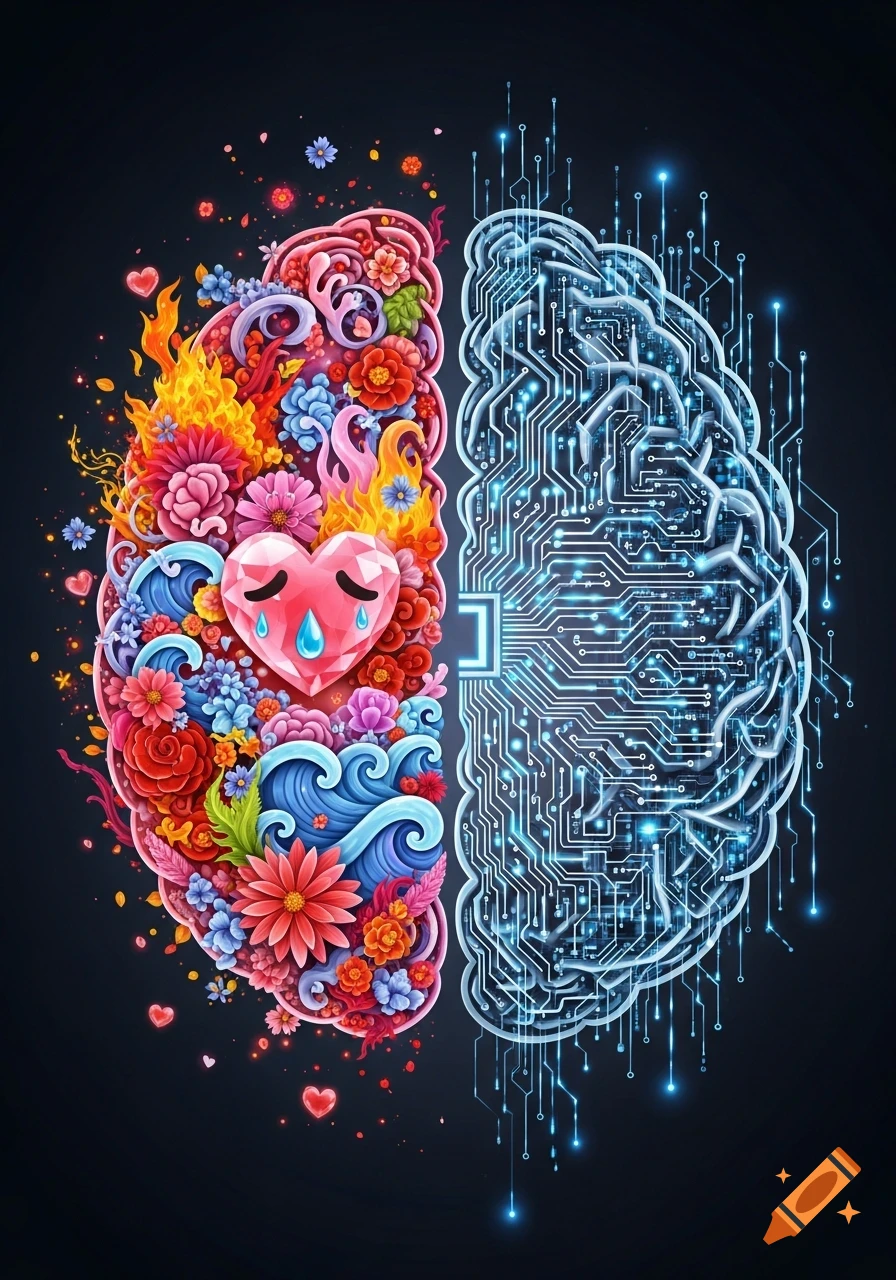 A stylized brain split in half on a dark background. The left half is chaotic and colorful, filled with flowers, waves, fire, and a crying heart. The right half is cold, geometric, and structured, depicted as a glowing blue circuit board.
