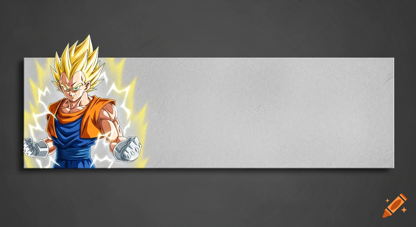 Anime Vegito from Dragon Ball in Super Saiyan form, wearing blue and orange, in a fighting pose with yellow energy aura on a gray background.