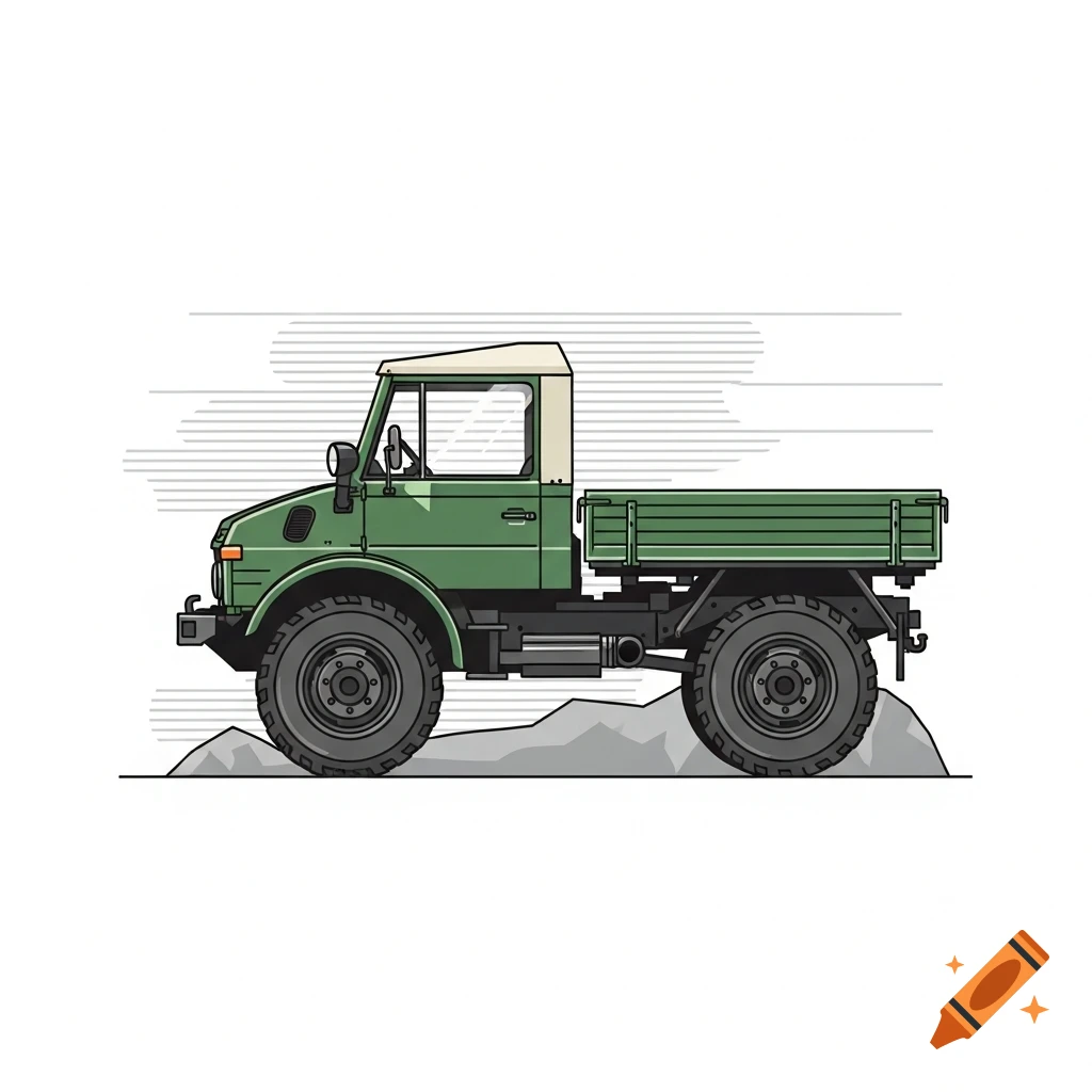 A clean line illustration of a green Unimog 411 pickup truck in side profile, positioned on rocky ground.