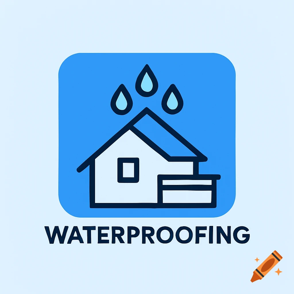 Vector logo of a house with rain drops and 'WATERPROOFING' text, on a blue background.