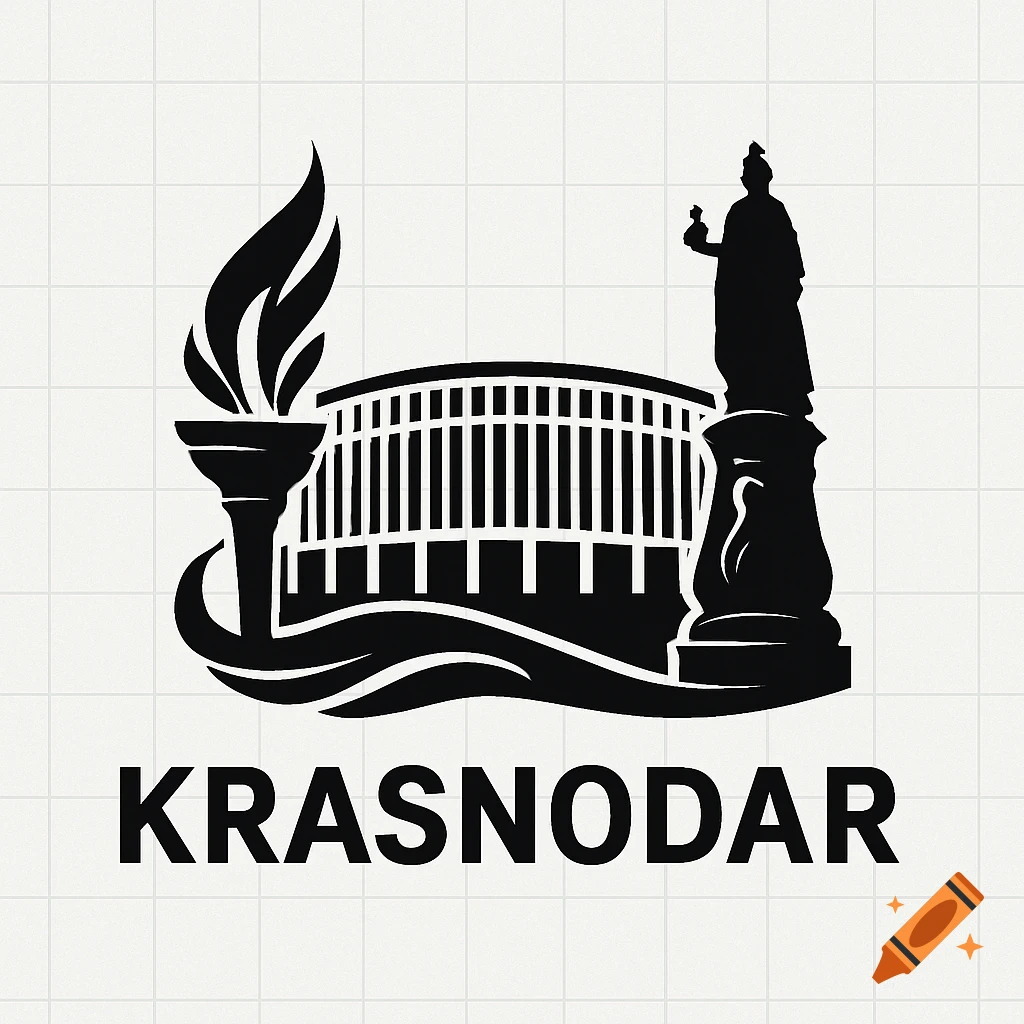 Black and white vector logo featuring a torch, a stadium, and a statue of Catherine II, with 'KRASNODAR' text below.
