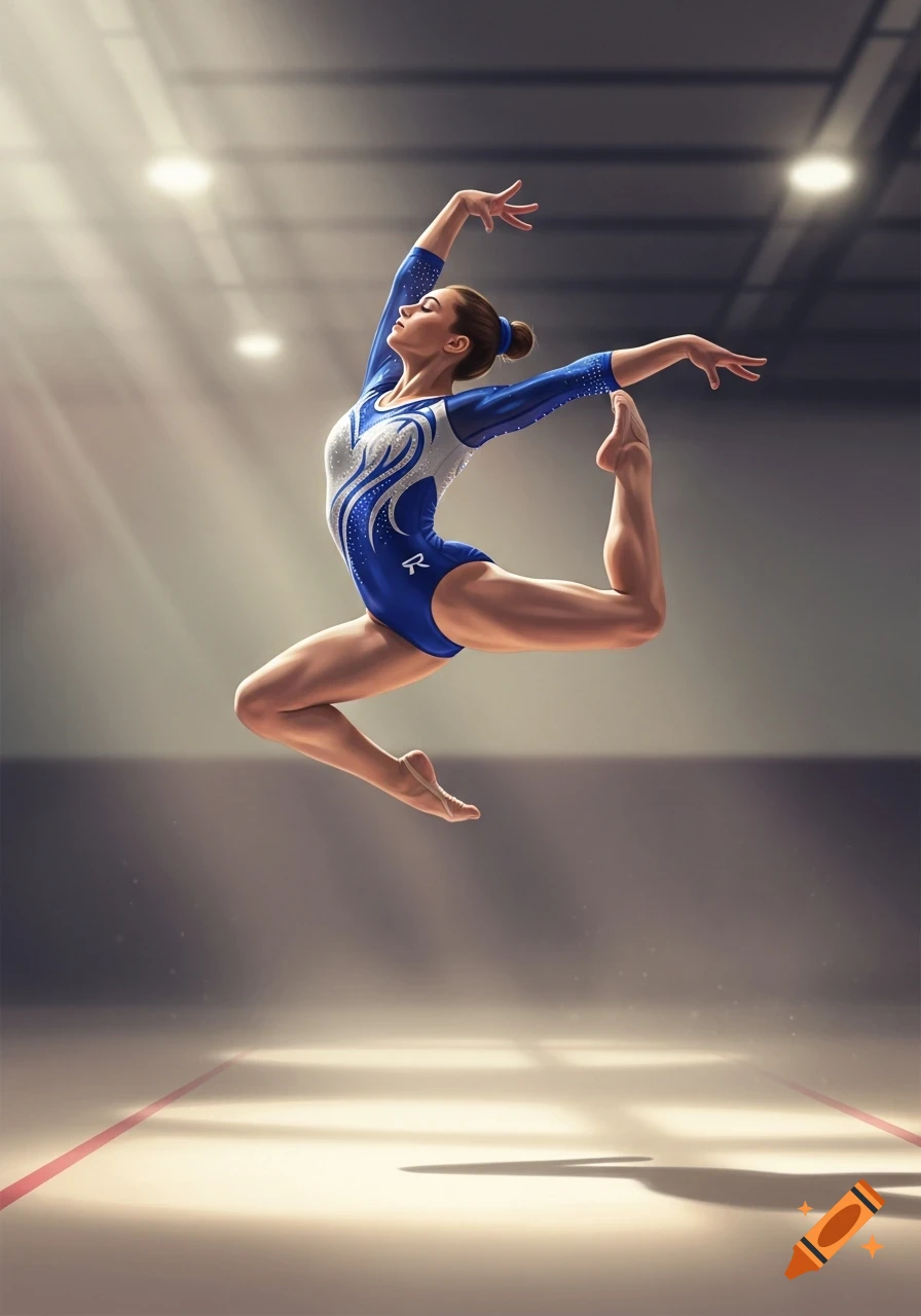 Female gymnast in a blue leotard performing a dynamic mid-air split leap under spotlights in a gymnasium.