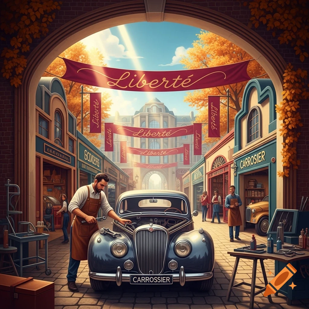 A mechanic works on a classic car in a charming European-style street lined with shops, under banners reading "Liberté".