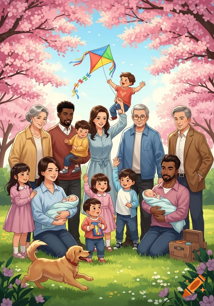 A large, diverse family including grandparents, parents, children, babies, and a dog, in a park with cherry blossoms, a child flying a kite. Cartoon illustration.
