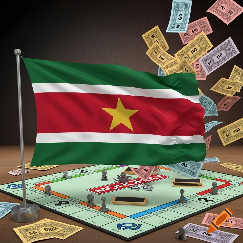 Surinam flag waving over a Monopoly board with game pieces and stylized play money scattered and flying around.