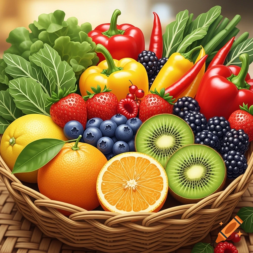 A vibrant basket overflowing with fresh citrus fruits, sliced kiwi, various berries, colorful bell peppers, and leafy greens.