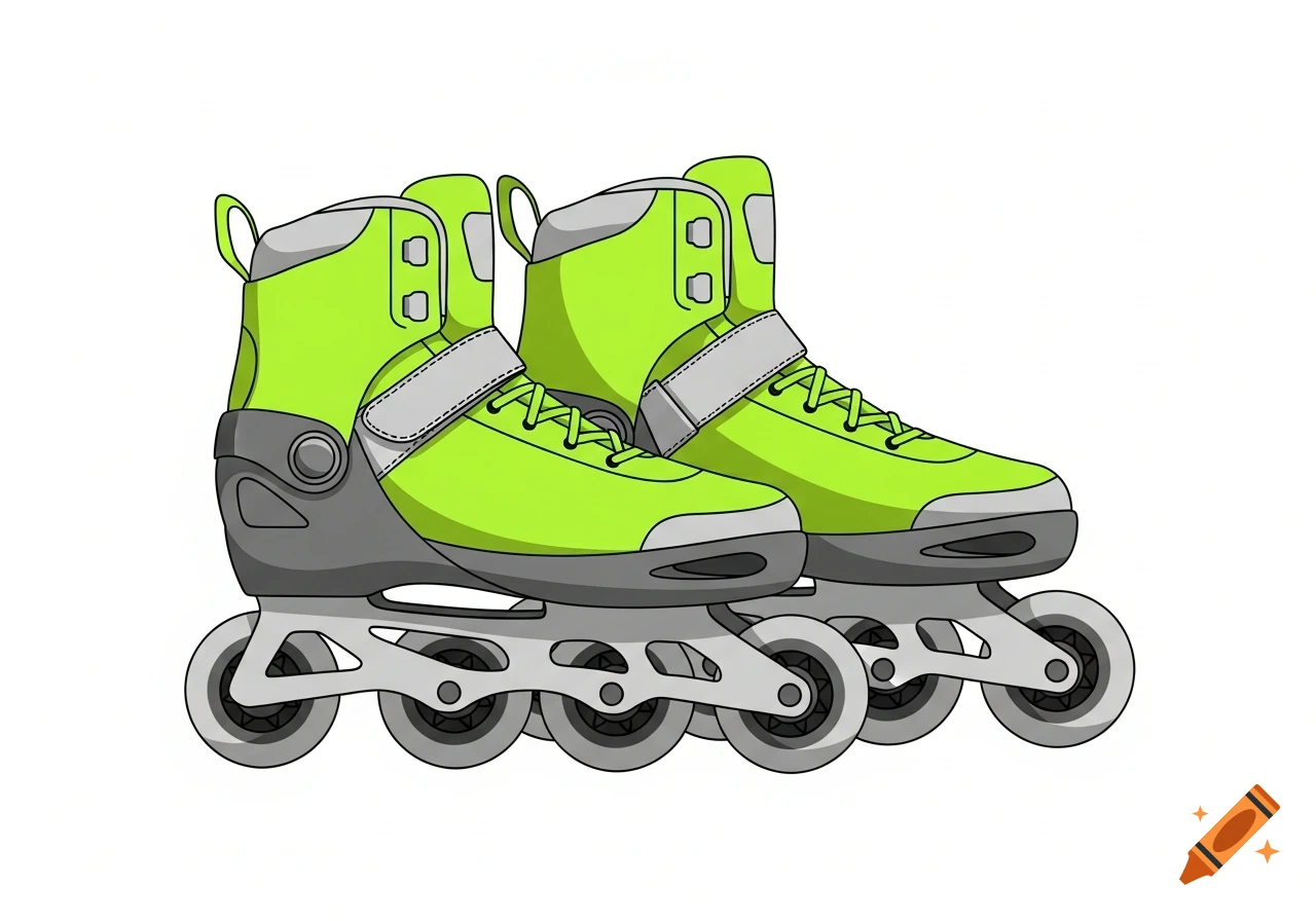 A pair of bright green and grey inline roller skates in a cartoon style on a white background.