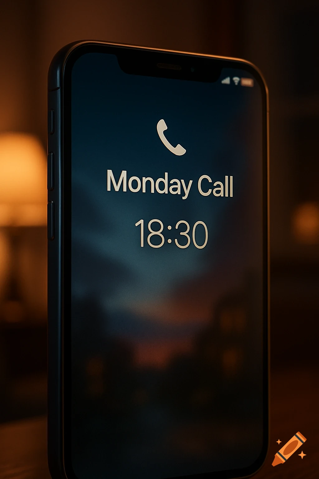 Close-up of a smartphone screen displaying an incoming call from "Monday Call" at 18:30, with a blurry background of a warm-lit room.