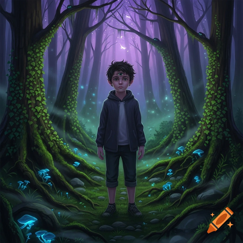 A fantasy illustration of a boy with a third eye standing in a mystical purple forest with glowing blue mushrooms.