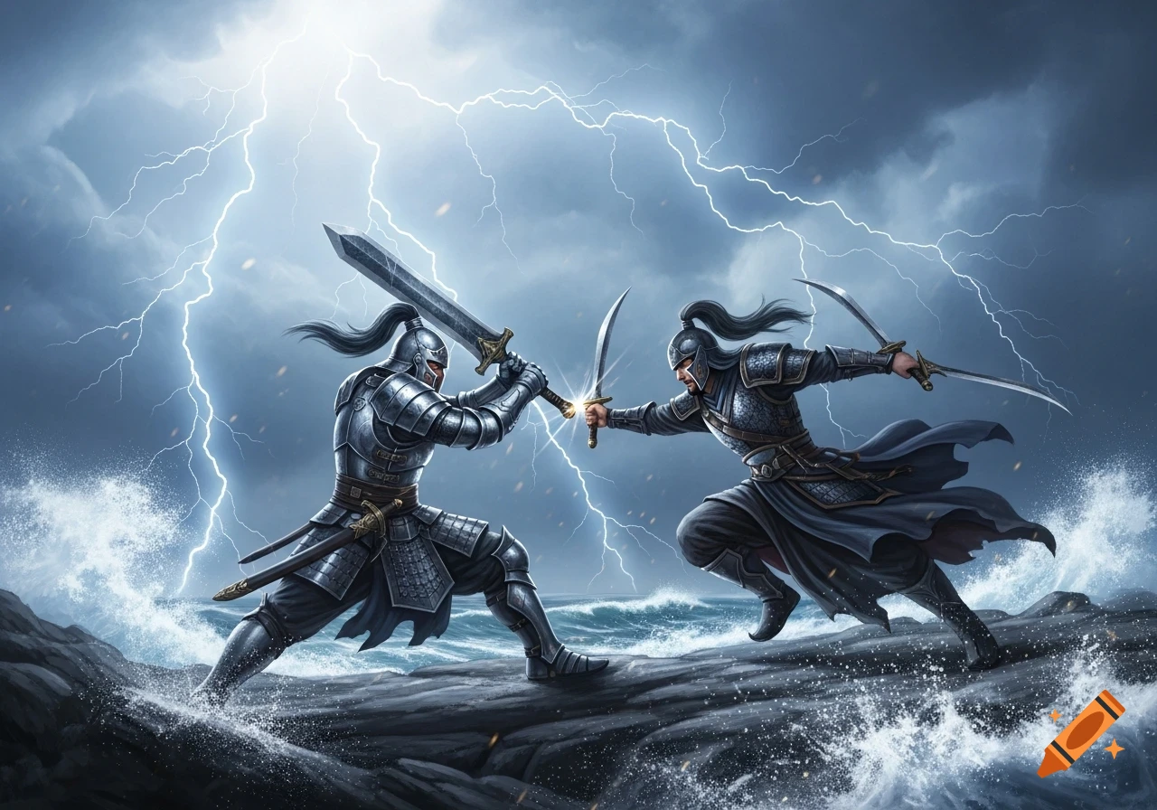 Two armored warriors battle fiercely with swords on a stormy, rocky coast, illuminated by lightning.