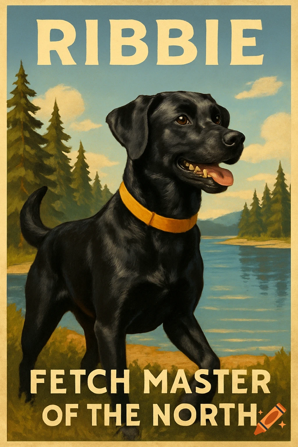 A black Labrador wearing a yellow collar stands by a lake with pine trees, depicted in a vintage travel poster style with the text 'RIBBIЕ FETCH MASTER OF THE NORTH'.