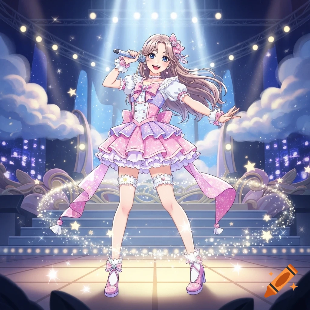 An anime-style female idol in a frilly pink dress sings on a sparkling stage under spotlights.